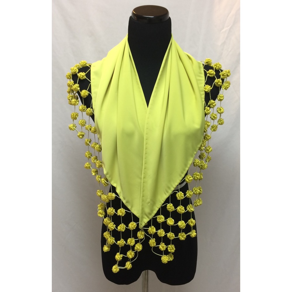 VTG Flamenco Shawl Made in Spain Lime Yellow Pom Pom Macrame Fringe Wrap